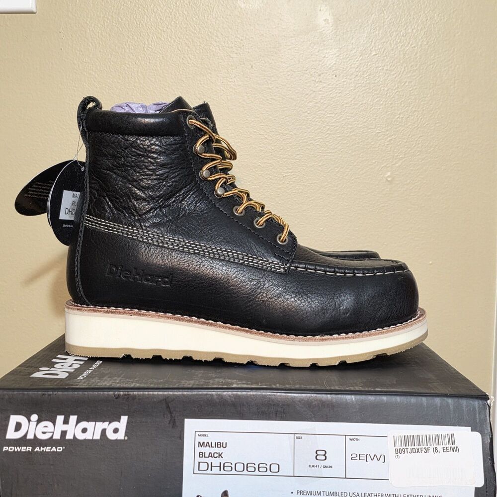 DieHard Malibu 6" Lace-Up Work Boots Soft Toe Black Leather DH60660 Men's 8 2E W
